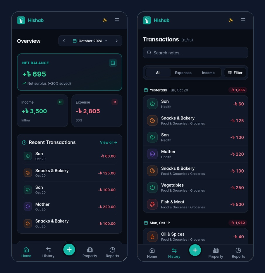Hishab mobile UI showing overview dashboard with quick add (left) and grouped transaction ledger with filters (right)
